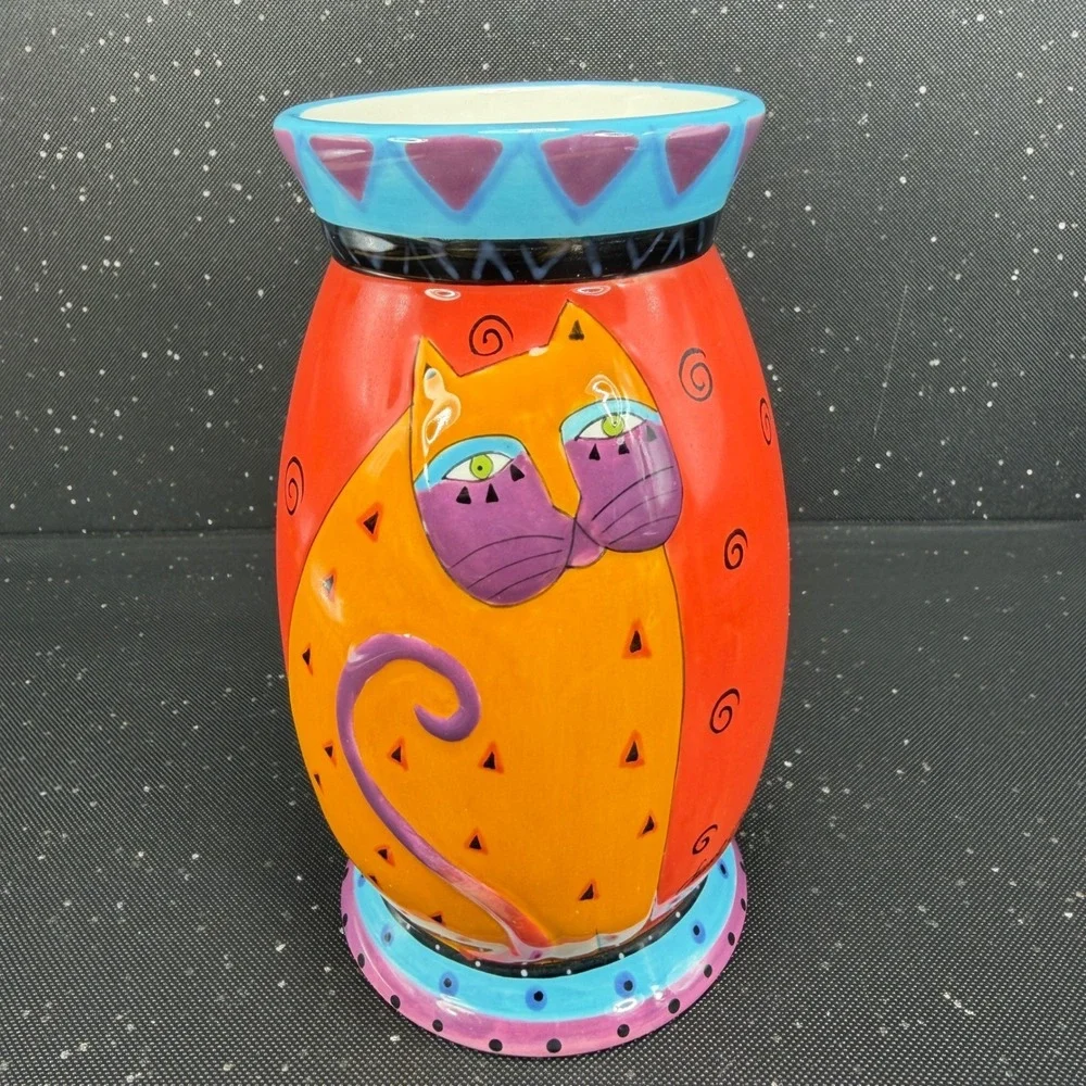 Laurel Burch for Ganz Ceramic Cat Vase Red Orange Whimsical Art BC8025 6in